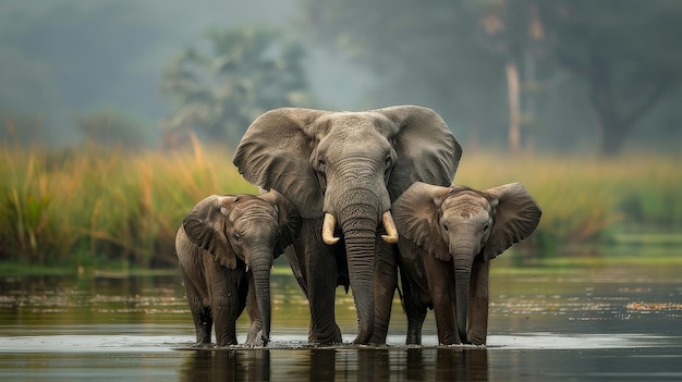 Trois éléphants dans leur environnement naturel debout dans l'eau