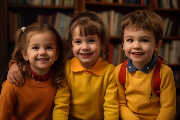 Trois enfants en chandails jaunes sont assis devant une étagère