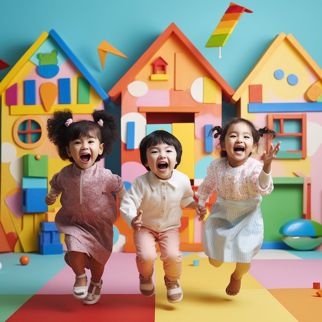 Trois enfants courent dans une aire de jeux avec des maisons colorées en arrière-plan