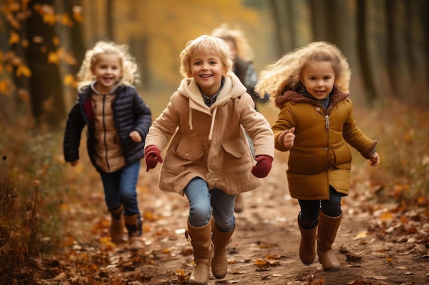 trois enfants courent dans le parc l'un d'eux a un manteau qui dit le mot sur lui