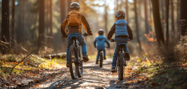 Trois enfants cyclistes en casque roulent sur un sentier forestier éclairé par le soleil entouré de grands arbres et de feuillages de printemps