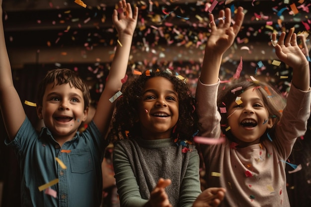 Trois enfants dans une fête avec des confettis tombant sur eux