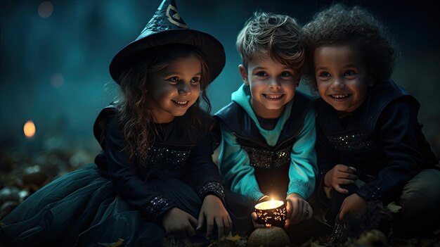 Photo trois enfants déguisés en sorcières avec une bougie allumée pour halloween