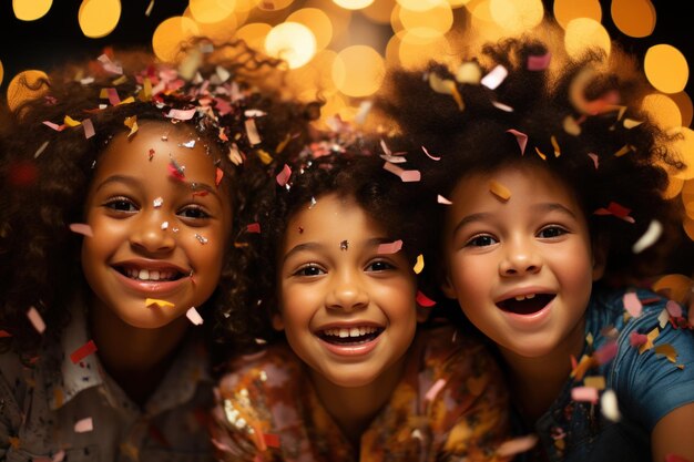 trois enfants heureux tenant des confettis dans le style de l'afrofuturisme inspiré