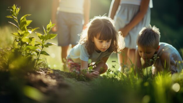 Trois enfants jouent dans l'herbe avec une plante ai