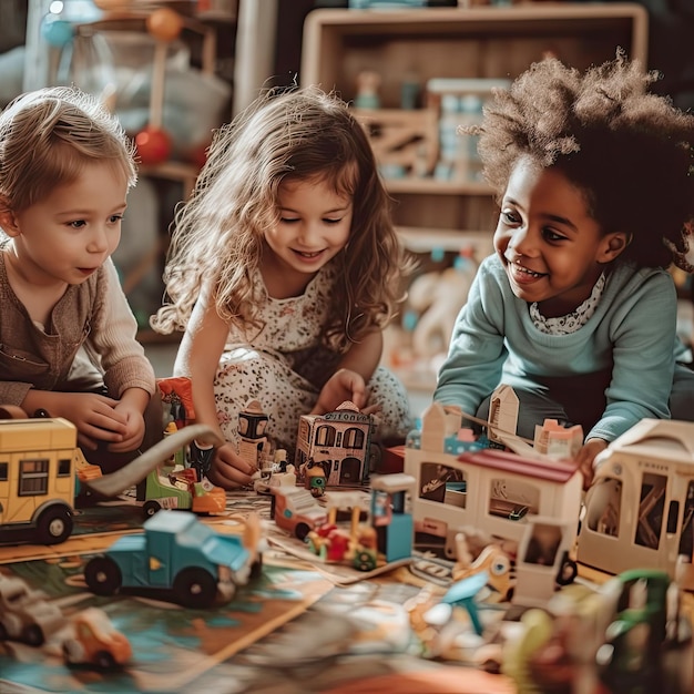 Trois enfants jouent avec des jouets dont une maison de jouet