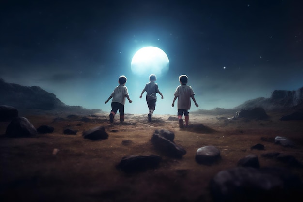Trois enfants marchent dans le ciel nocturne
