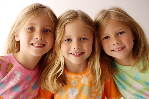 trois enfants portent des t-shirts colorés