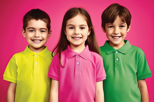 trois enfants portent des t-shirts colorés