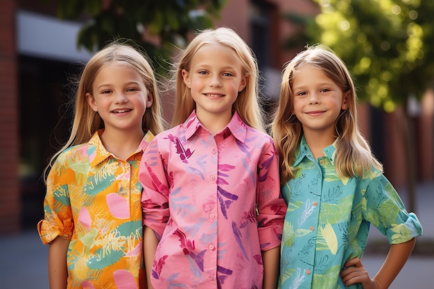 trois enfants portent des t-shirts colorés