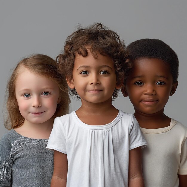 trois enfants posent pour une photo avec l'un d'eux a une chemise blanche qui dit citation le mot citation sur
