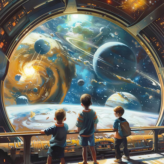 Photo trois enfants regardant un vaisseau spatial avec les planètes sur le plafond