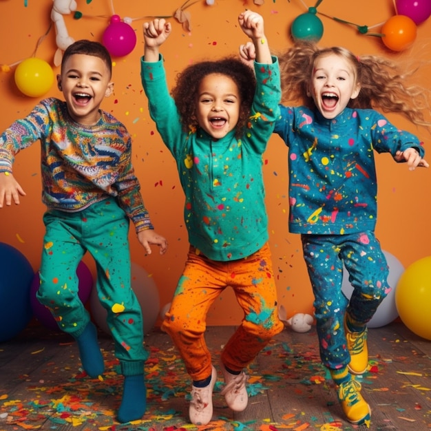 Trois enfants sautant dans une pièce couverte de confettis