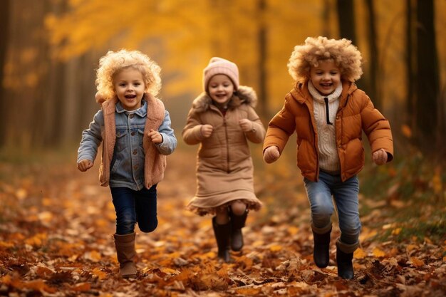 Trois enfants se promènent dans le parc. L'un d'eux a un manteau.