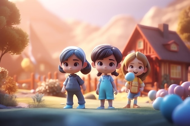 Trois enfants se tiennent devant une maison avec une montagne en arrière-plan.