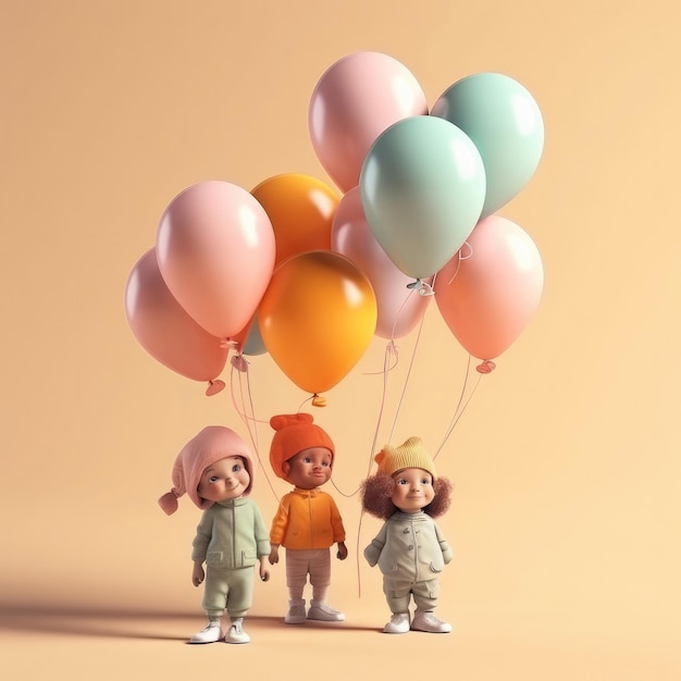 Trois enfants tenant des ballons, l'un portant un chapeau et l'autre portant un chapeau rose.