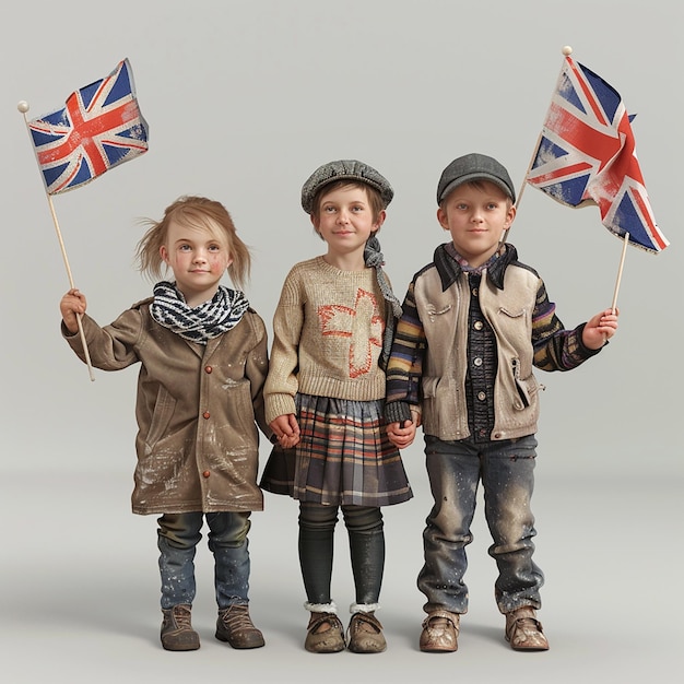 Photo trois enfants tenant des drapeaux avec l'un d'eux portant une veste qui dit que les britanniques l'ont