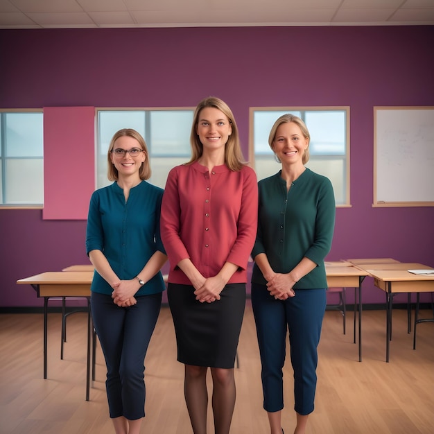 trois enseignantes devant un mur violet avec des photos dessus