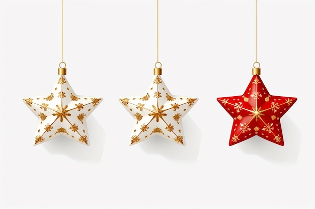 Trois étoiles de Noël accrochées à une ficelle sur un fond blanc