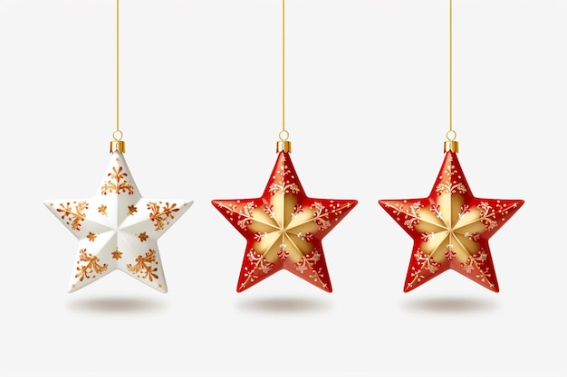 Trois étoiles de Noël suspendues à une ficelle avec des flocons de neige.