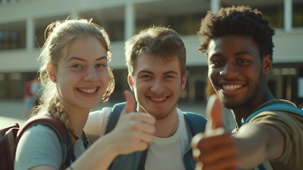 Photo trois étudiants heureux qui vous regardent avec les pouces en l'air dans un campus universitaire ia générative