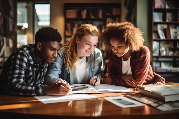 Photo trois étudiants travaillant sur des plans d'affaires