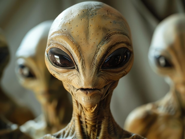 Trois extraterrestres avec de grands yeux et des visages étranges se tiennent l'un à côté de l'autre