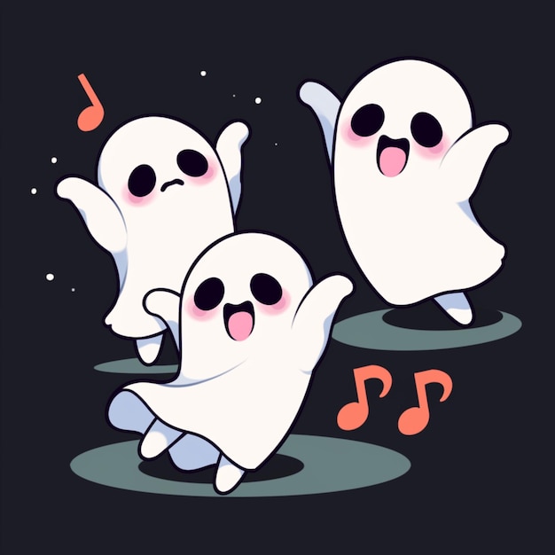 trois fantômes dansent et chantent avec des notes de musique IA générative