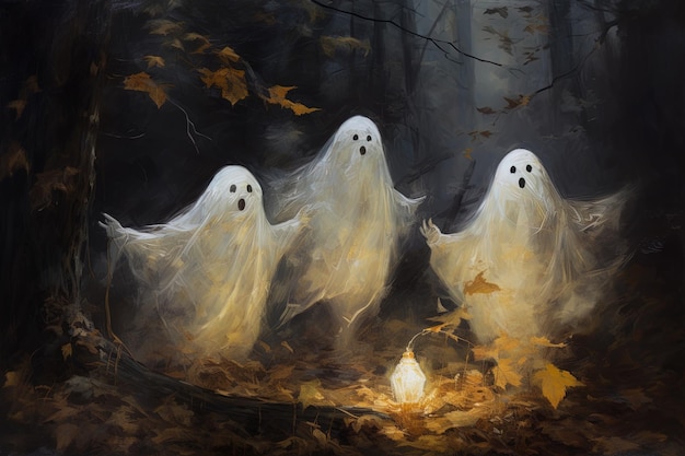 Trois fantômes fantômes sont dans les bois l'un a une lumière sur lui