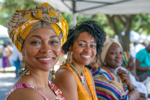 Photo trois femmes africaines joyeuses en vêtements traditionnels et en couvre-chef lors d'un événement culturel en plein air