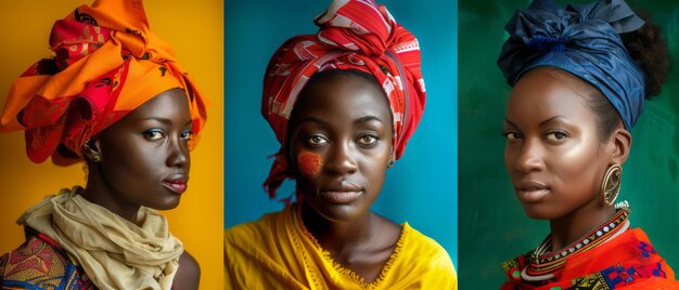 Trois femmes africaines portant des foulards de différentes couleurs