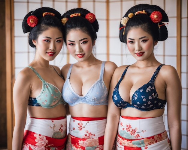 Trois femmes asiatiques en tenue de geisha posant pour la caméra