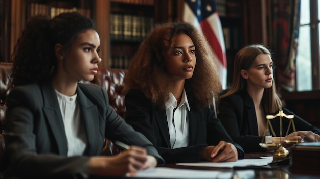 Photo trois femmes assises à une table dans une salle d'audience.