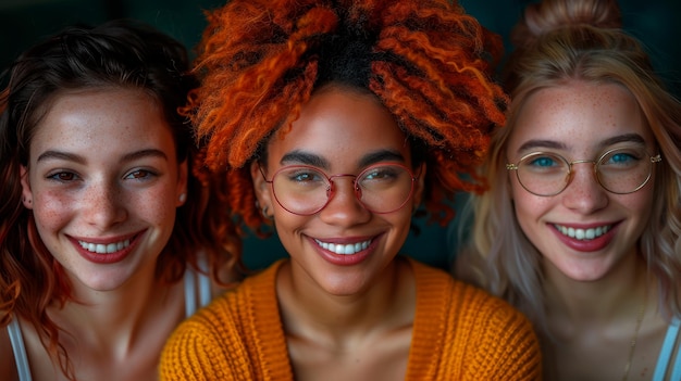 Trois femmes aux cheveux roux et aux lunettes souriantes AI générative