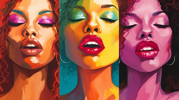 Trois femmes aux yeux de couleurs différentes sont représentées, l'une d'elles disant "le mot amour"