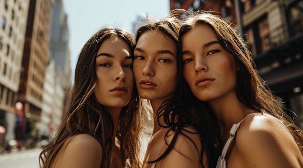 trois femmes brunes posant dans la rue