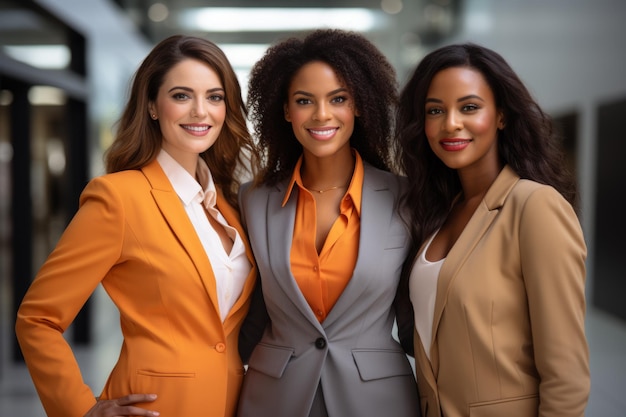 Photo trois femmes en costume d'affaires sourient à la caméra.