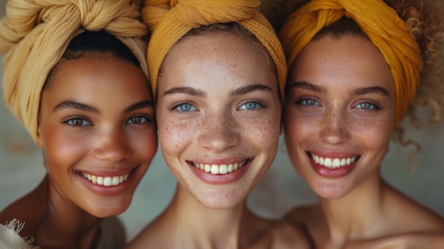 Photo trois femmes diverses avec de beaux sourires et des couvertures de tête élégantes dans un portrait d'amitié