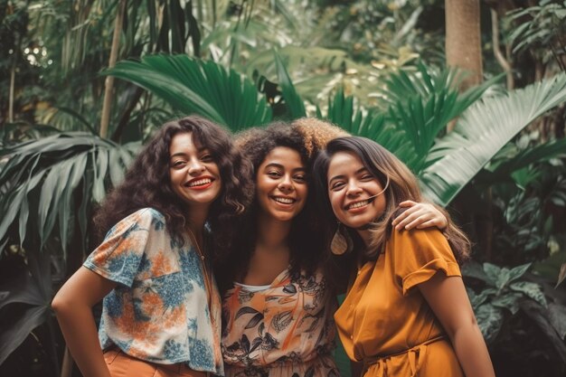 Photo trois femmes en hauts colorés se tiennent devant une jungle