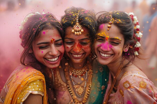 Trois femmes joyeuses en tenue traditionnelle célébrant Holi avec des couleurs vives