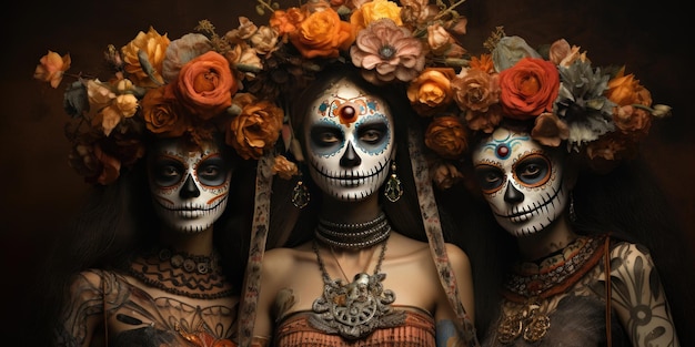 Trois femmes lors de la fête du Mexique Dia DE Los Muertos maquillage AI générative