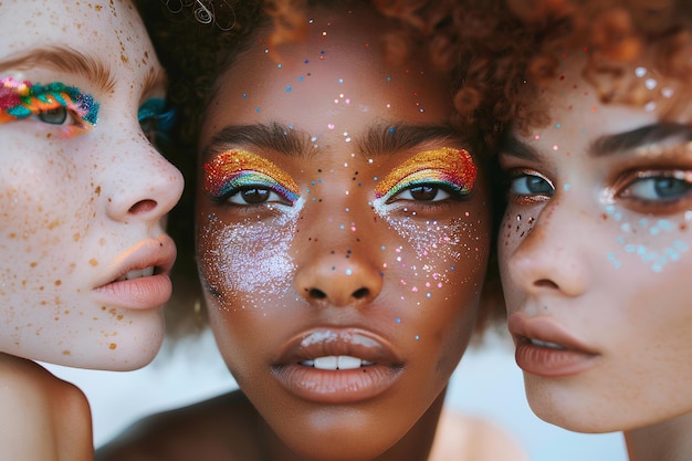 Photo trois femmes avec un maquillage de différentes couleurs et un art corporel sur leur visage et leur corps avec des paillettes