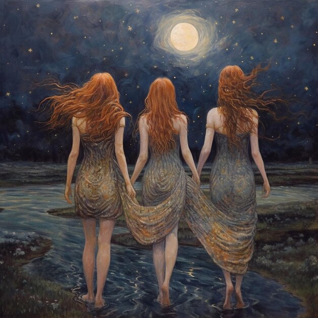 trois femmes marchant dans l'eau la nuit avec la lune dans le ciel ai générative