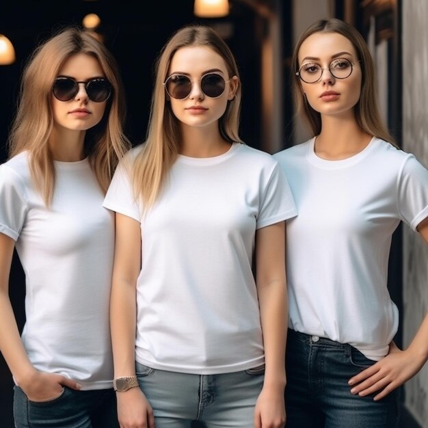 Trois femmes portant des chemises blanches et des jeans se tiennent devant un mur