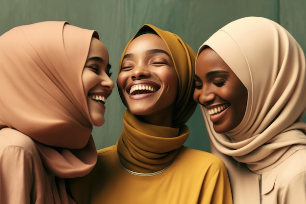 Trois femmes portant le hijab et souriant à la caméra