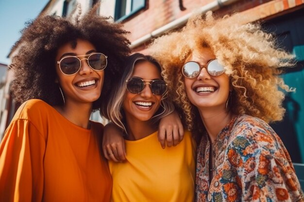 Trois femmes portant des lunettes de soleil et souriant à la caméra.