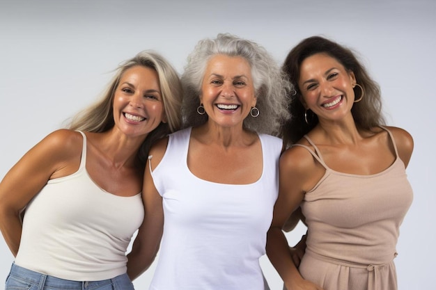 Photo trois femmes posent pour une photo avec l'une d'elles portant une chemise blanche et l'autre a le mot dessus