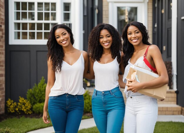 trois femmes posent pour une photo à l'extérieur d'une maison