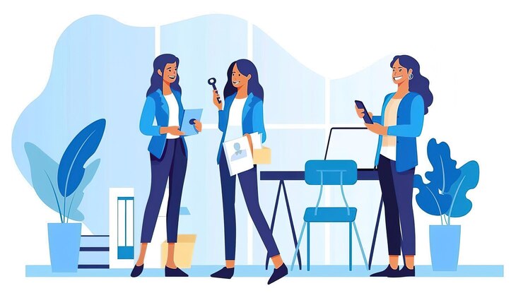 Photo trois femmes professionnelles dans un bureau moderne une tient une loupe la seconde tient un dossier et la troisième utilise un smartphone