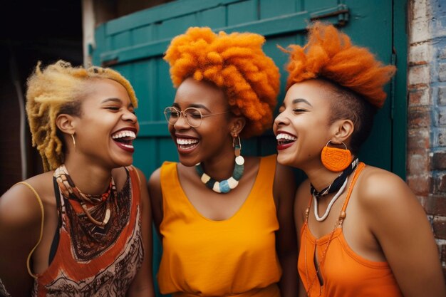 Trois femmes riant et riant dans des tenues orange, dont une orange.